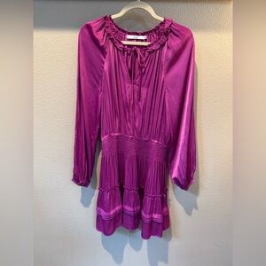 Au Lait Purple Pink Satin Mini Dress Elastic Waist Tiered Ruffle Size M Flounce